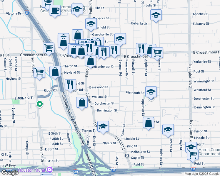 map of restaurants, bars, coffee shops, grocery stores, and more near 200 Basswood Street in Houston