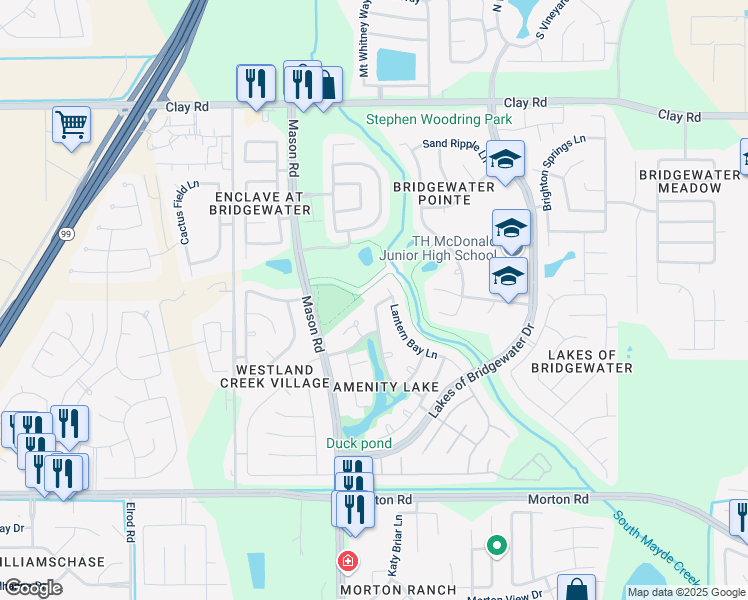 map of restaurants, bars, coffee shops, grocery stores, and more near 21606 Grand Bay Lane in Katy