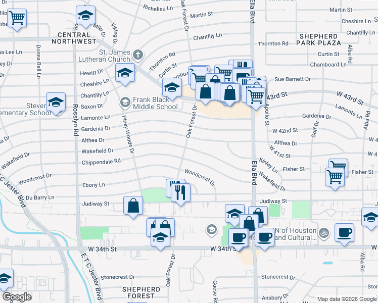 map of restaurants, bars, coffee shops, grocery stores, and more near 1348 Wakefield Drive in Houston
