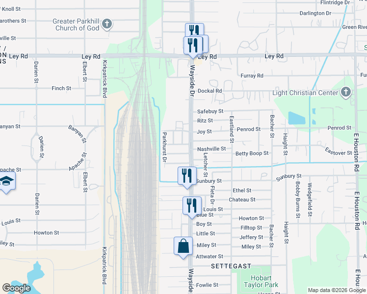 map of restaurants, bars, coffee shops, grocery stores, and more near 6811 North Wayside Drive in Houston