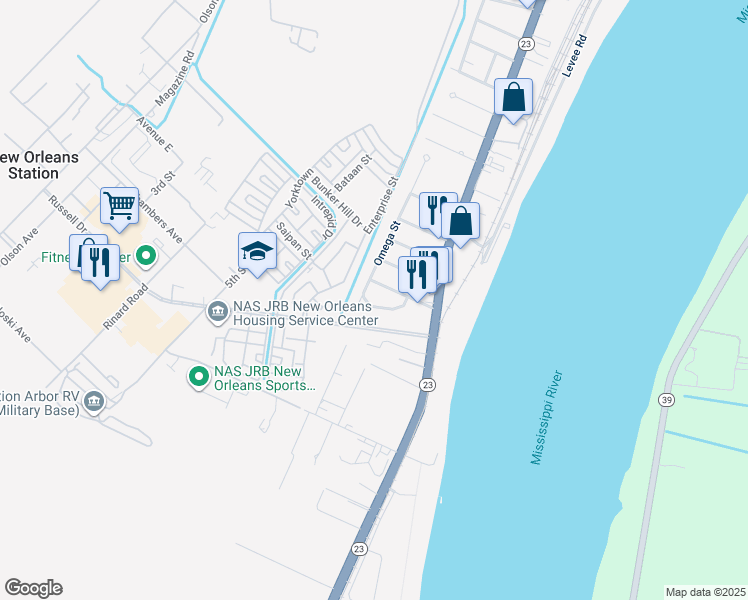 map of restaurants, bars, coffee shops, grocery stores, and more near 114 Lambda Street in Belle Chasse