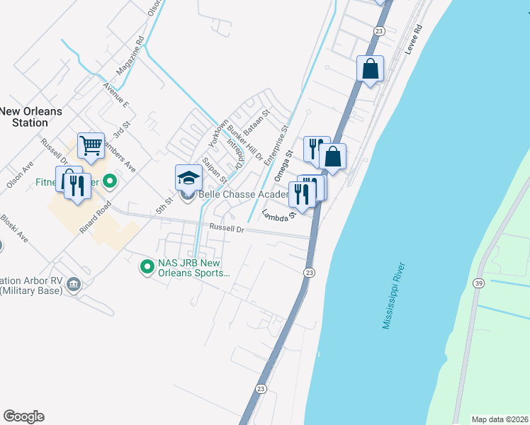 map of restaurants, bars, coffee shops, grocery stores, and more near 114 Lambda Street in Belle Chasse