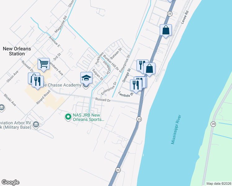 map of restaurants, bars, coffee shops, grocery stores, and more near 114 Lambda Street in Belle Chasse
