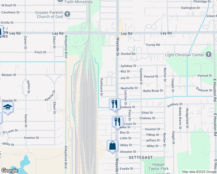 map of restaurants, bars, coffee shops, grocery stores, and more near 7818 Birmingham Street in Houston