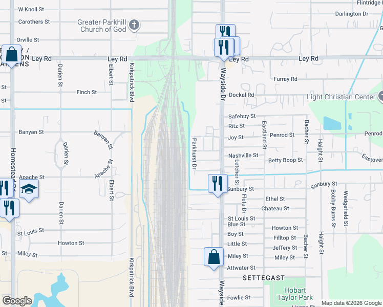 map of restaurants, bars, coffee shops, grocery stores, and more near 6813 Parkhurst Drive in Houston
