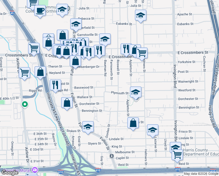 map of restaurants, bars, coffee shops, grocery stores, and more near 7093 Bauman Road in Houston