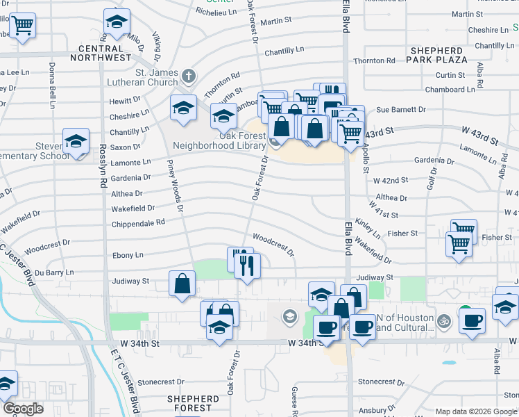 map of restaurants, bars, coffee shops, grocery stores, and more near 1348 Wakefield Drive in Houston
