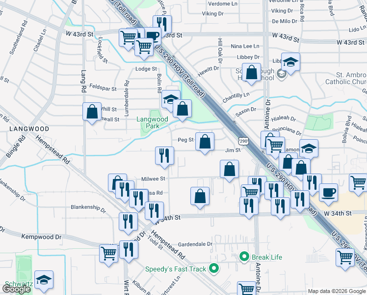map of restaurants, bars, coffee shops, grocery stores, and more near 6114 Jim Street in Houston