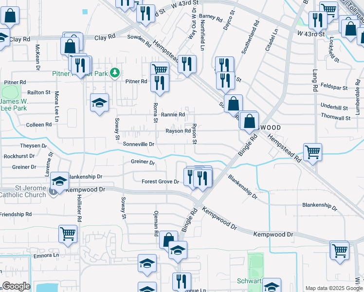 map of restaurants, bars, coffee shops, grocery stores, and more near 3315 Farmington Street in Houston
