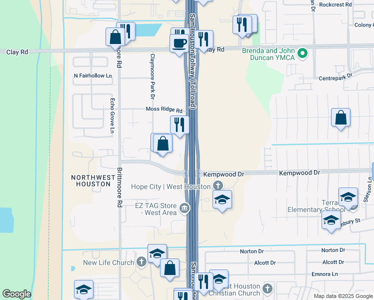 map of restaurants, bars, coffee shops, grocery stores, and more near 3305 West Sam Houston Parkway North in Houston