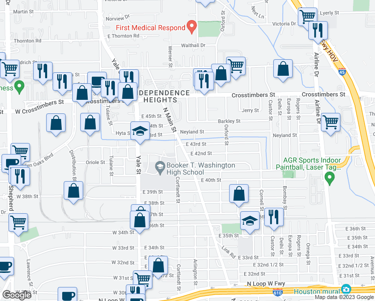 map of restaurants, bars, coffee shops, grocery stores, and more near 8402 North Main Street in Houston