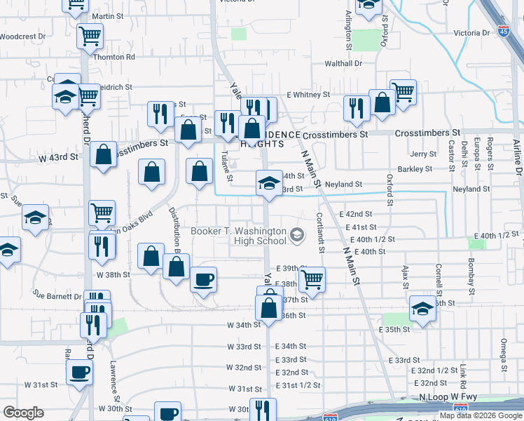 map of restaurants, bars, coffee shops, grocery stores, and more near 4123 Yale Street in Houston