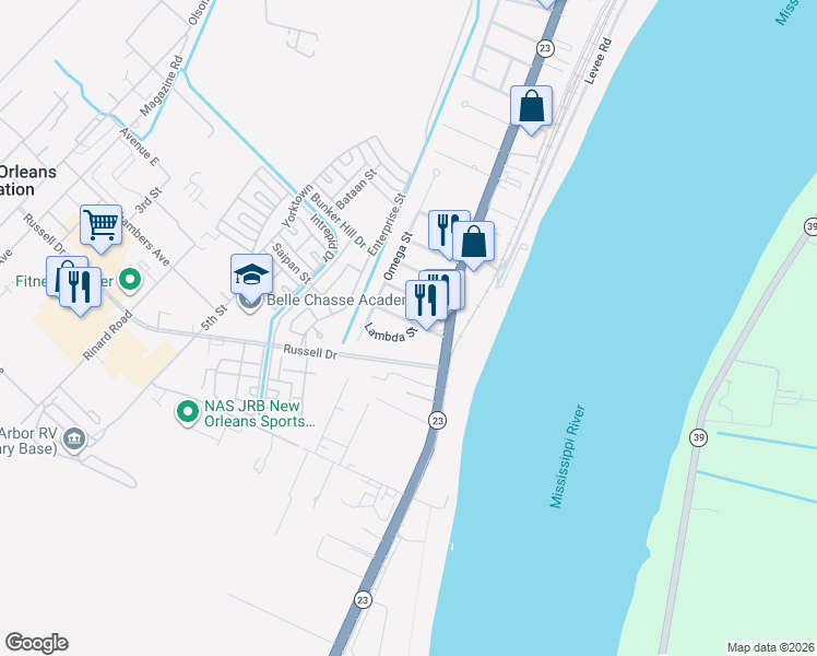 map of restaurants, bars, coffee shops, grocery stores, and more near 111 Upsilon Street in Belle Chasse