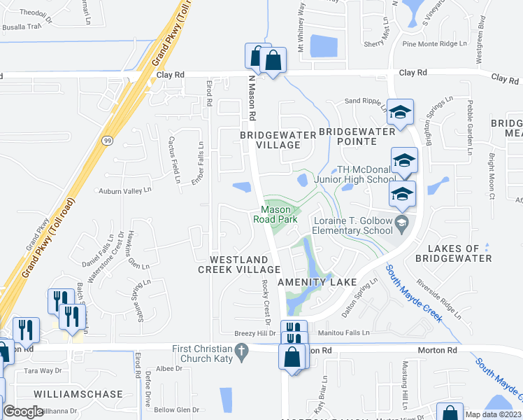 map of restaurants, bars, coffee shops, grocery stores, and more near 3830 North Mason Road in Katy