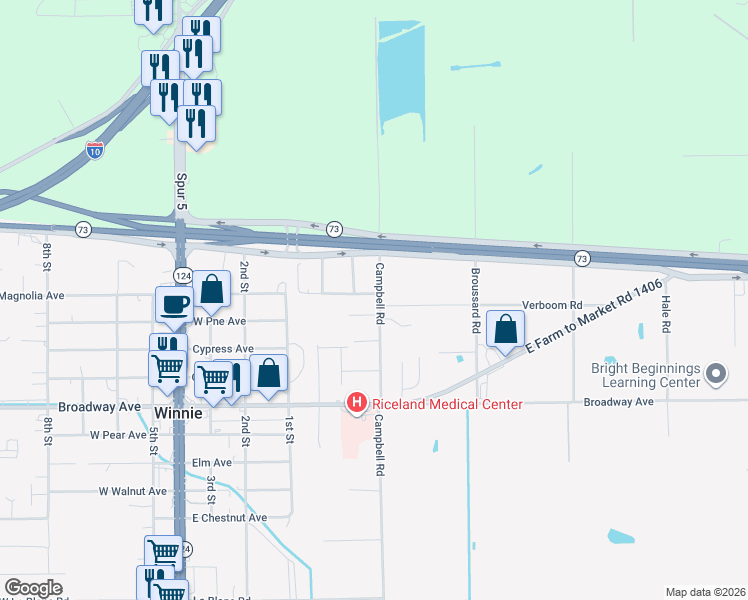 map of restaurants, bars, coffee shops, grocery stores, and more near 204 Campbell Road in Winnie