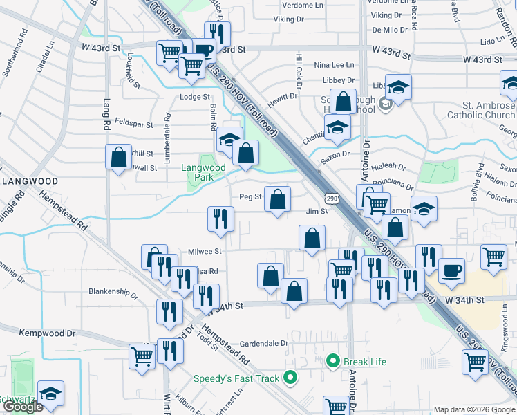 map of restaurants, bars, coffee shops, grocery stores, and more near 6114 Jim Street in Houston