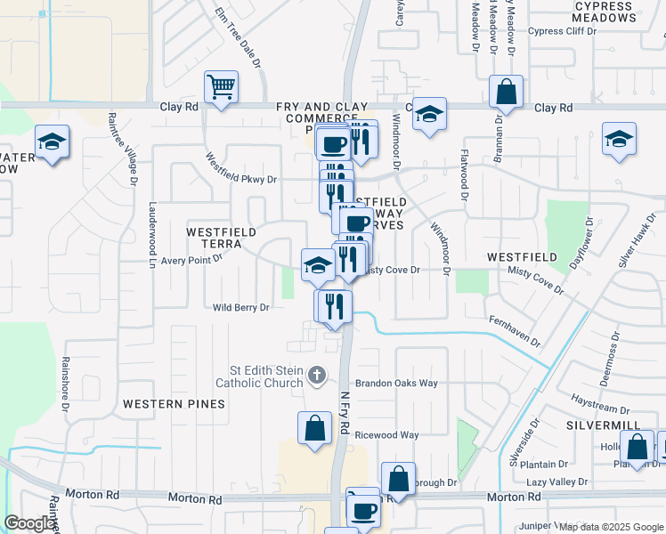 map of restaurants, bars, coffee shops, grocery stores, and more near 20022 Misty Cove Drive in Katy