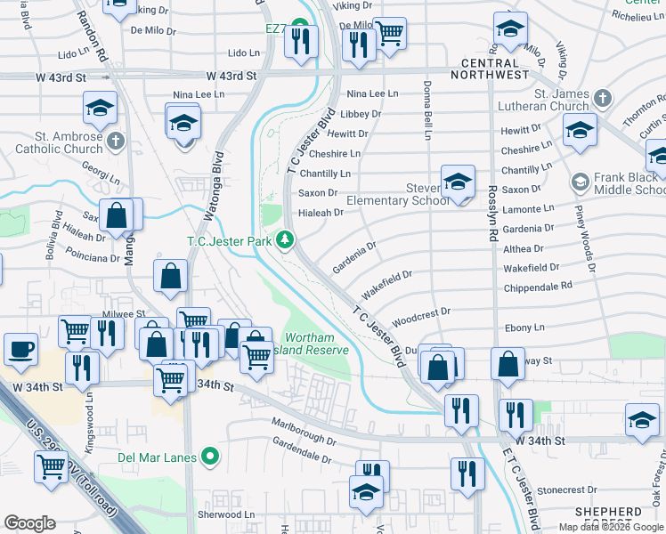 map of restaurants, bars, coffee shops, grocery stores, and more near 2318 Gardenia Drive in Houston
