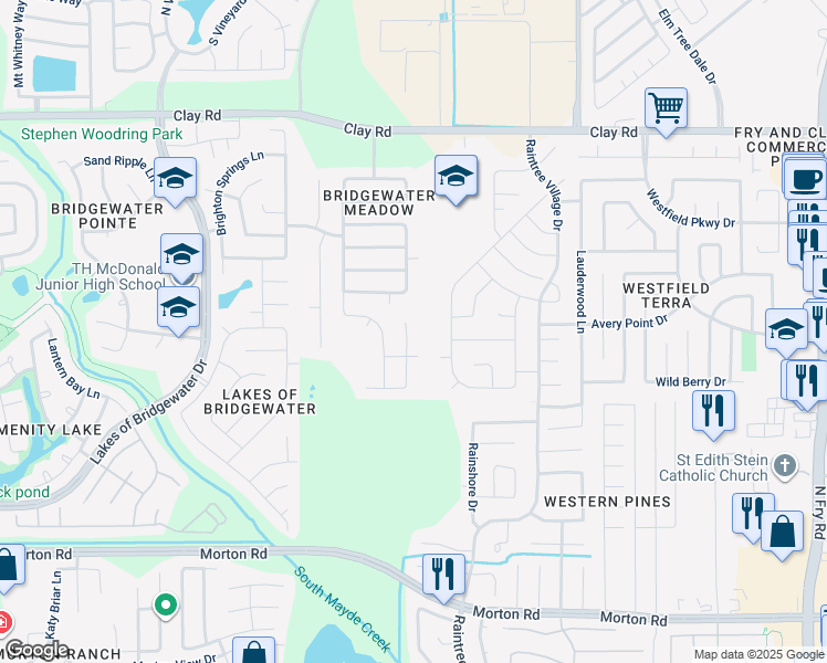 map of restaurants, bars, coffee shops, grocery stores, and more near 3522 Denton Meadows Ct in Katy