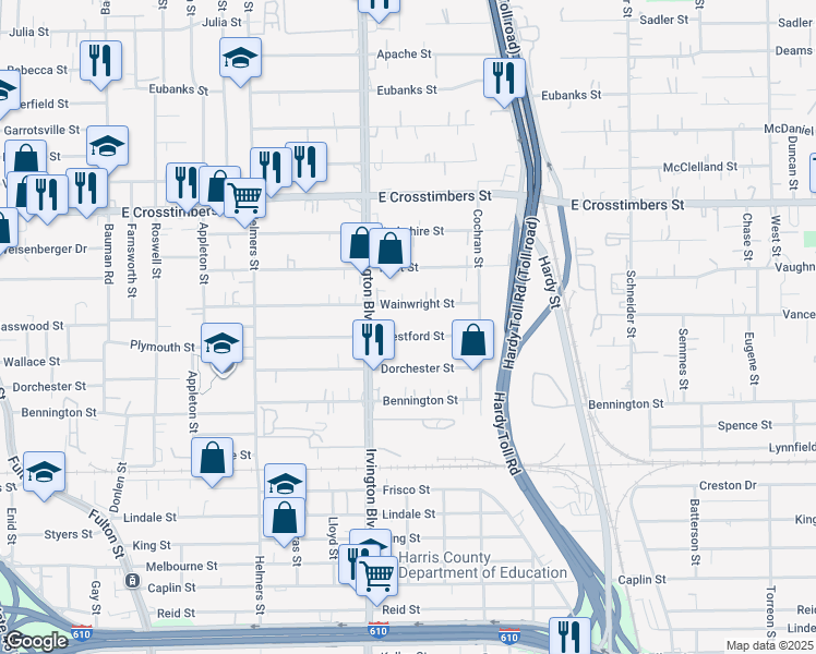 map of restaurants, bars, coffee shops, grocery stores, and more near 831 Westford Street in Houston