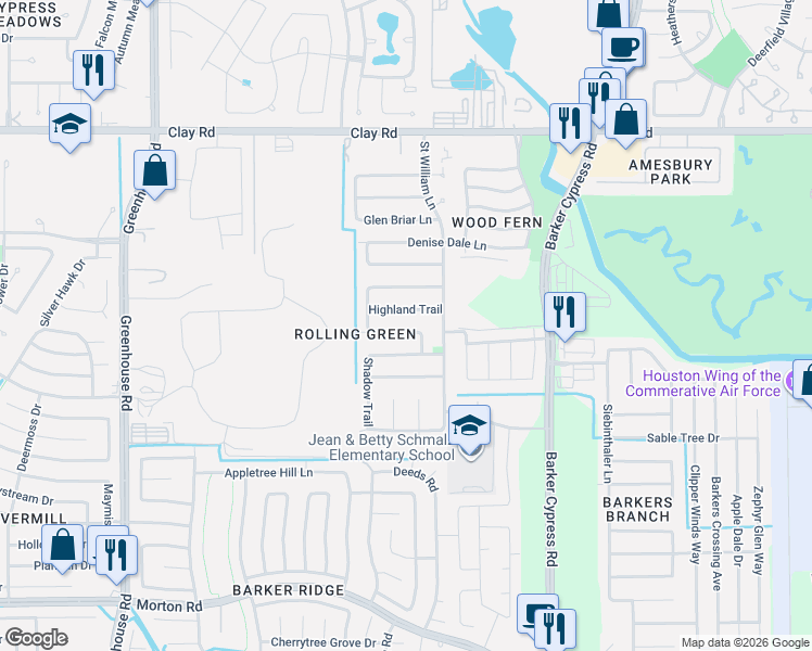 map of restaurants, bars, coffee shops, grocery stores, and more near 18718 Parfield Lane in Houston
