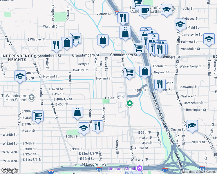 map of restaurants, bars, coffee shops, grocery stores, and more near 4106 Europa Street in Houston