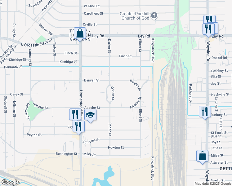 map of restaurants, bars, coffee shops, grocery stores, and more near 7106 Darien Street in Houston