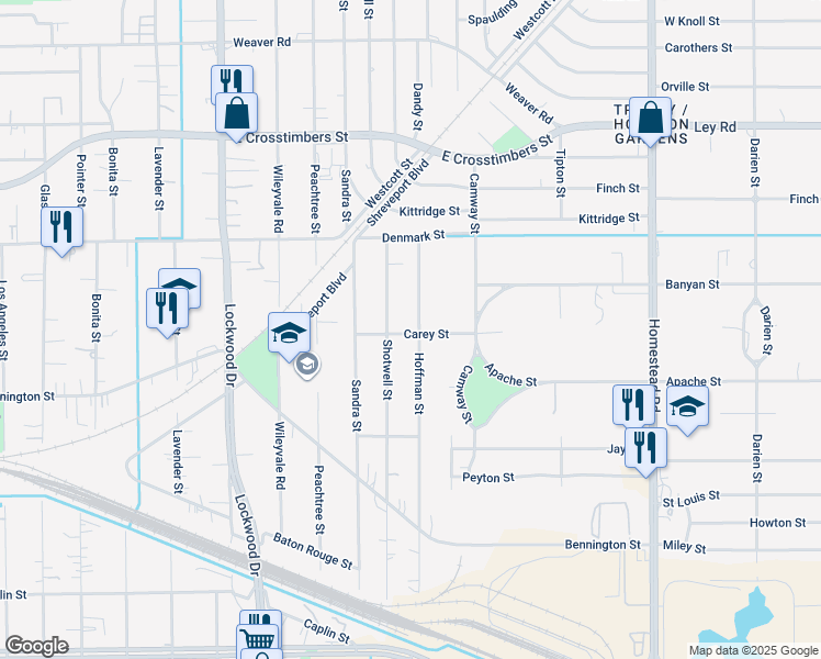 map of restaurants, bars, coffee shops, grocery stores, and more near 7101 Hoffman Street in Houston