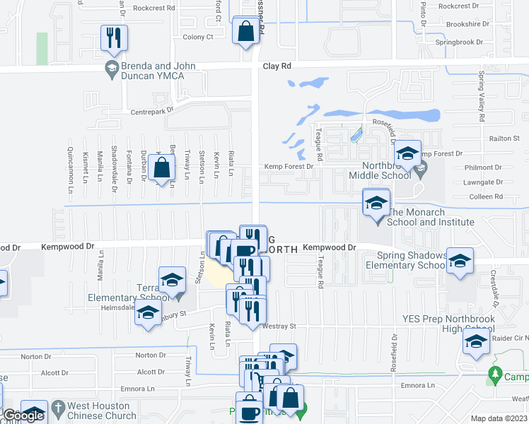 map of restaurants, bars, coffee shops, grocery stores, and more near 2870 Gessner Road in Houston