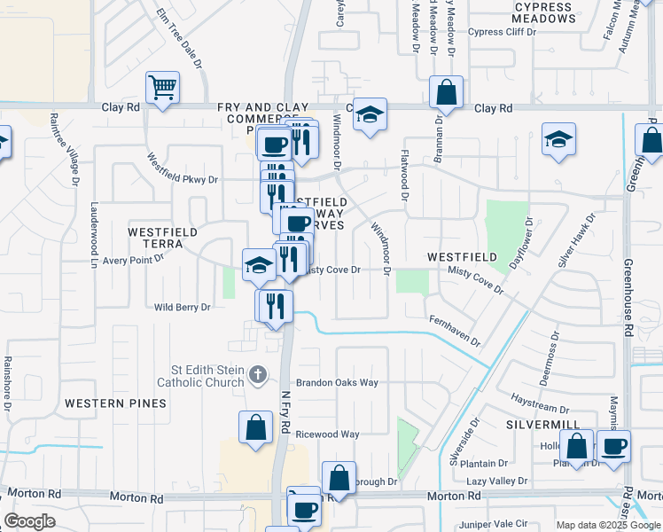 map of restaurants, bars, coffee shops, grocery stores, and more near 3603 Lindenfield Drive in Katy