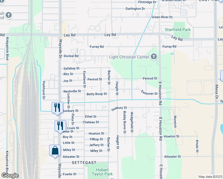 map of restaurants, bars, coffee shops, grocery stores, and more near 6802 Bacher Street in Houston