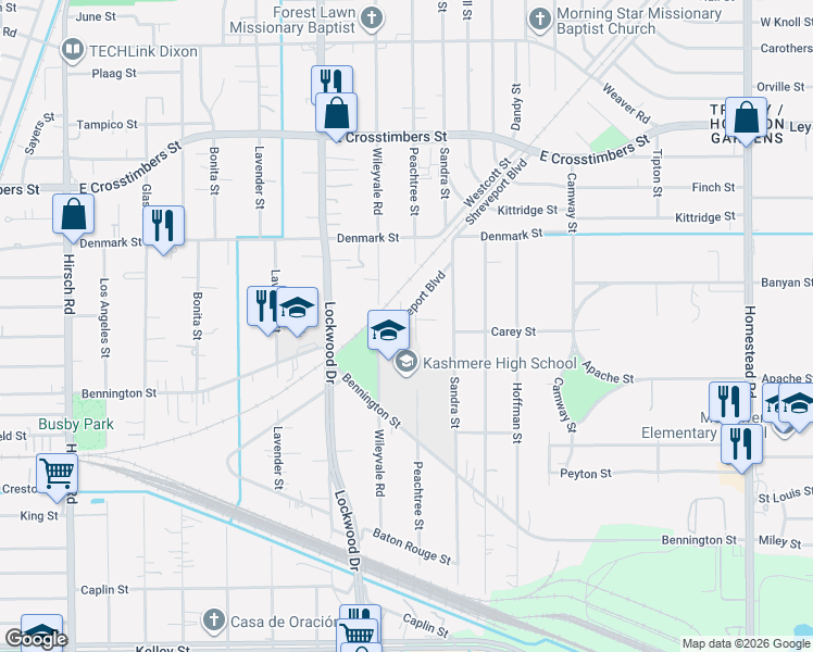 map of restaurants, bars, coffee shops, grocery stores, and more near 5111 Shreveport Boulevard in Houston