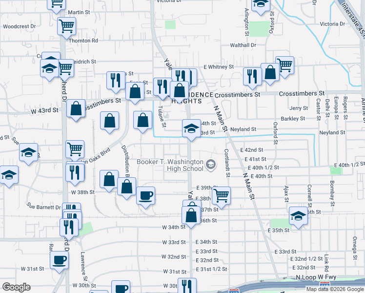 map of restaurants, bars, coffee shops, grocery stores, and more near 4127 Yale Street in Houston