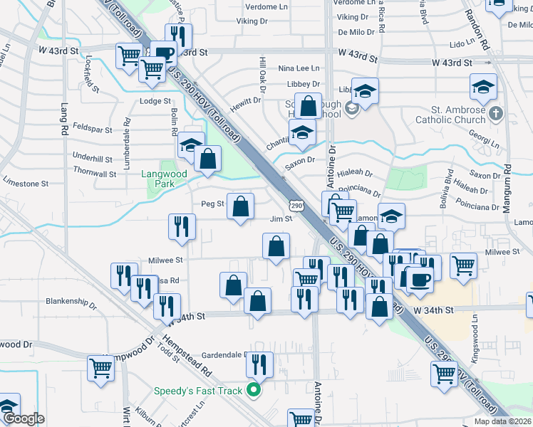 map of restaurants, bars, coffee shops, grocery stores, and more near 5818 Jim Street in Houston