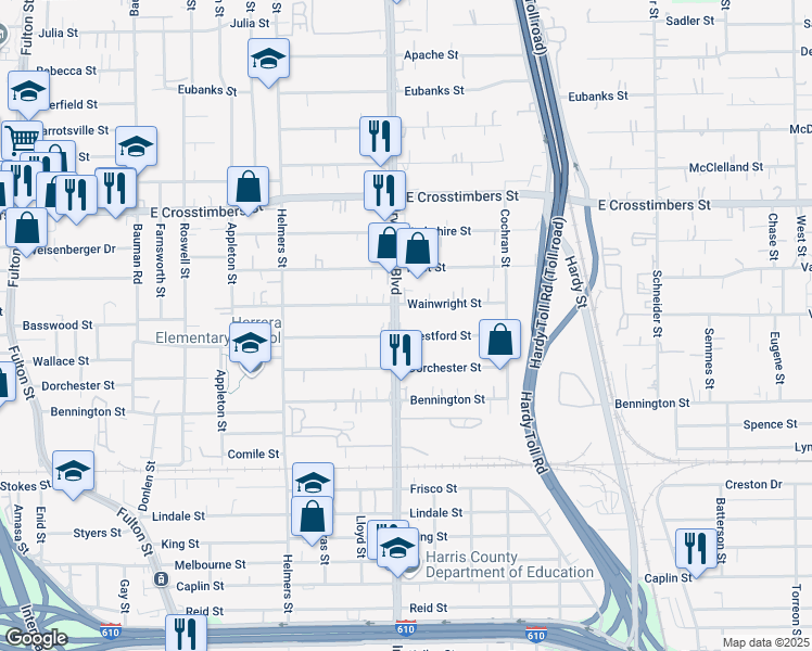 map of restaurants, bars, coffee shops, grocery stores, and more near 7104 Irvington Boulevard in Houston