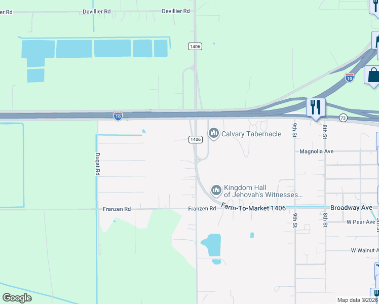 map of restaurants, bars, coffee shops, grocery stores, and more near 1137 Farm to Market Road 1406 in Winnie