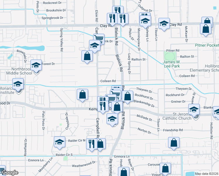 map of restaurants, bars, coffee shops, grocery stores, and more near 9351 Colleen Road in Houston