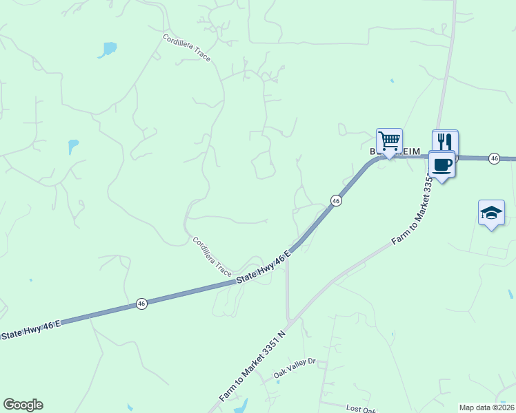 map of restaurants, bars, coffee shops, grocery stores, and more near 101 Cordillera Ridge in Boerne