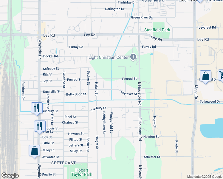 map of restaurants, bars, coffee shops, grocery stores, and more near 8314 Eastover Street in Houston