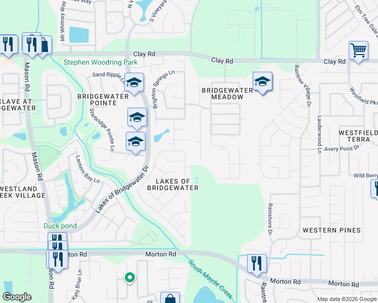 map of restaurants, bars, coffee shops, grocery stores, and more near 3666 Lakeaires Lane in Katy