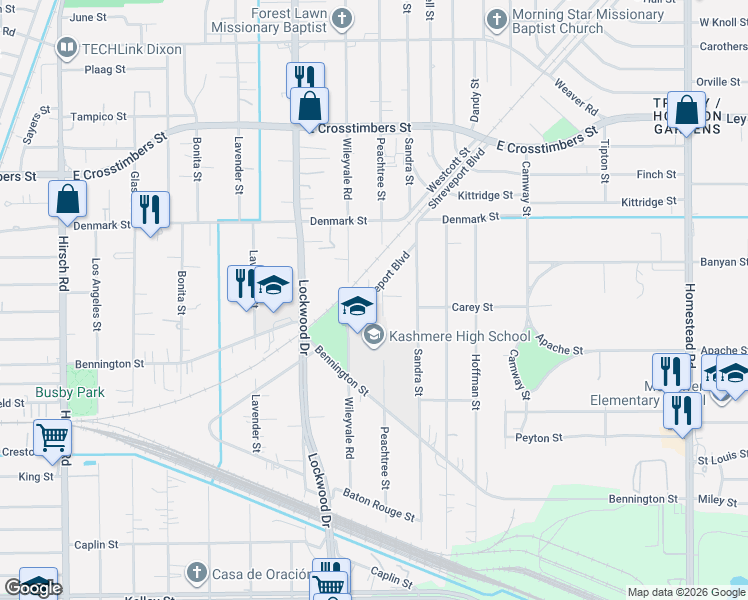 map of restaurants, bars, coffee shops, grocery stores, and more near 5111 Shreveport Boulevard in Houston