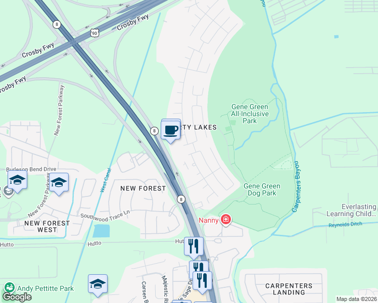 map of restaurants, bars, coffee shops, grocery stores, and more near 15519 Red Pine Ridge Way in Houston