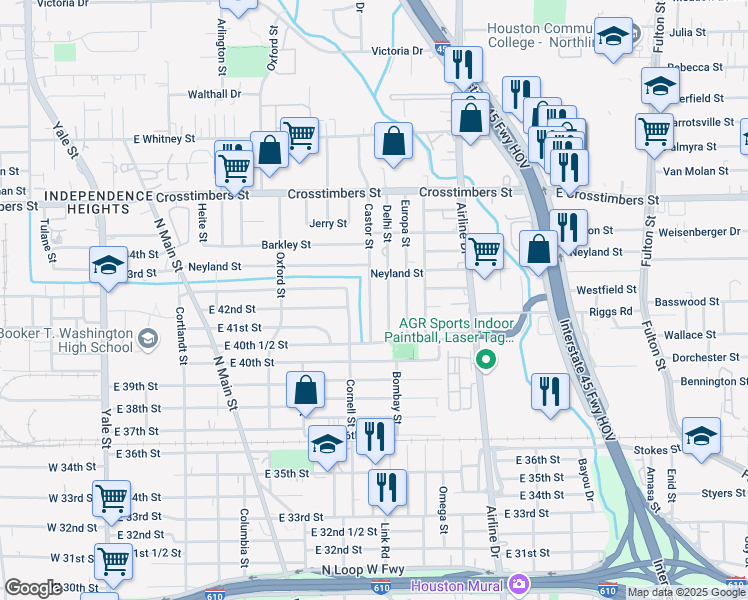 map of restaurants, bars, coffee shops, grocery stores, and more near 4114 Castor Street in Houston