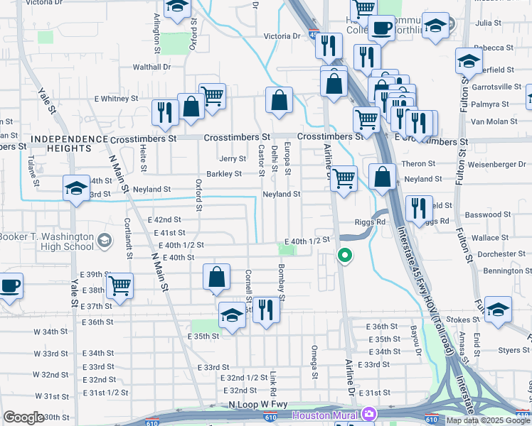 map of restaurants, bars, coffee shops, grocery stores, and more near 4114 Castor Street in Houston