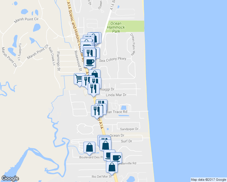 map of restaurants, bars, coffee shops, grocery stores, and more near 21 Versaggi Drive in St. Augustine