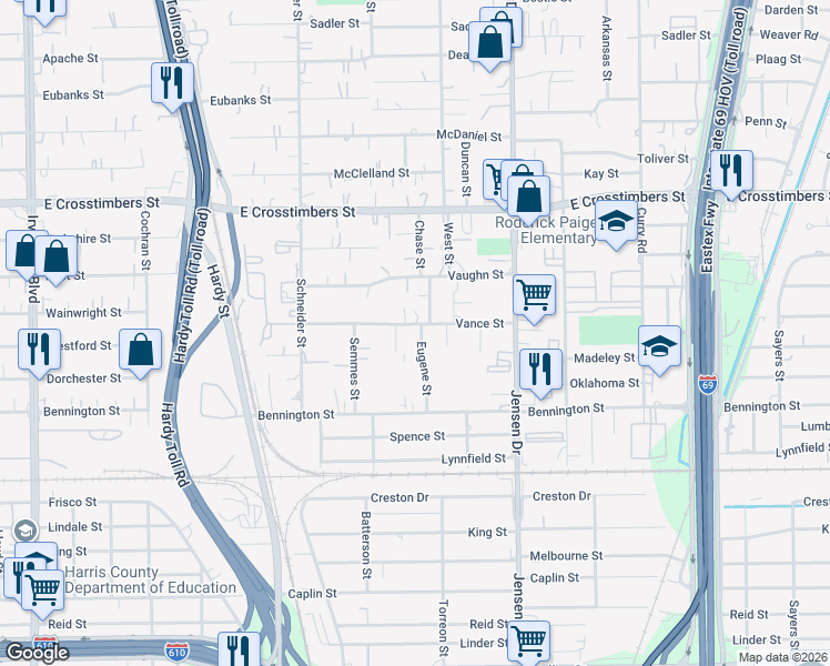 map of restaurants, bars, coffee shops, grocery stores, and more near 2240 Vance Street in Houston