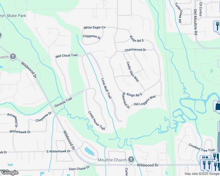 map of restaurants, bars, coffee shops, grocery stores, and more near 3600 Lone Wolf Trail in St. Augustine
