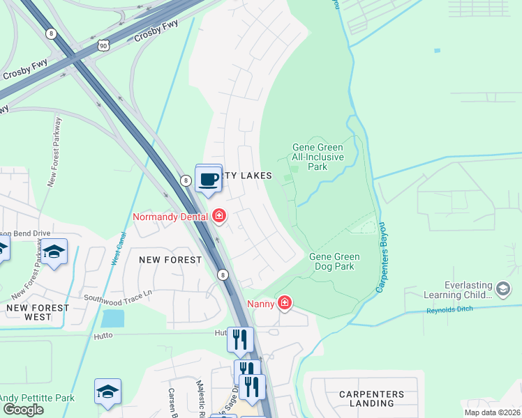 map of restaurants, bars, coffee shops, grocery stores, and more near 6727 Green Pear Lane in Houston