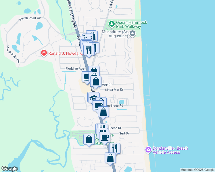 map of restaurants, bars, coffee shops, grocery stores, and more near 21 Versaggi Drive in St. Augustine