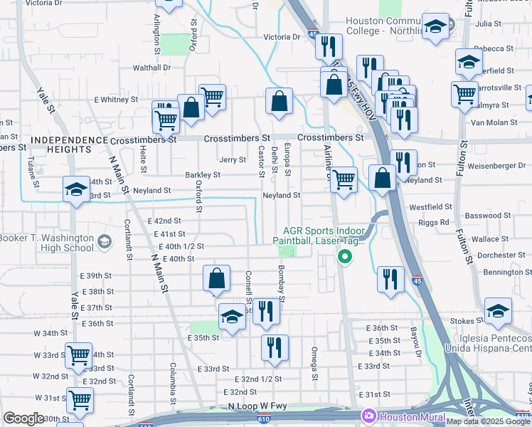 map of restaurants, bars, coffee shops, grocery stores, and more near 4114 Castor Street in Houston